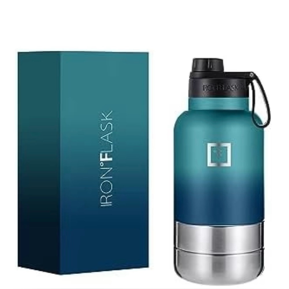 Iron Flask Blue Dog Water Bottle with Bowls.